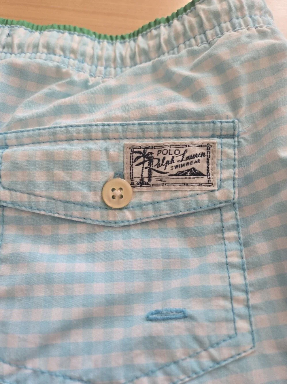 Polo by Ralph Lauren Boys Light Blue Gingham Swim Trunks with Green Trim